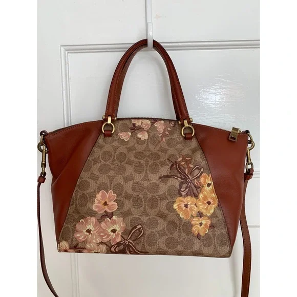 Coach Prairie Floral Signature Satchel / Tan Rust Leather Crossbody Bag NWOT - Picture 4 of 16